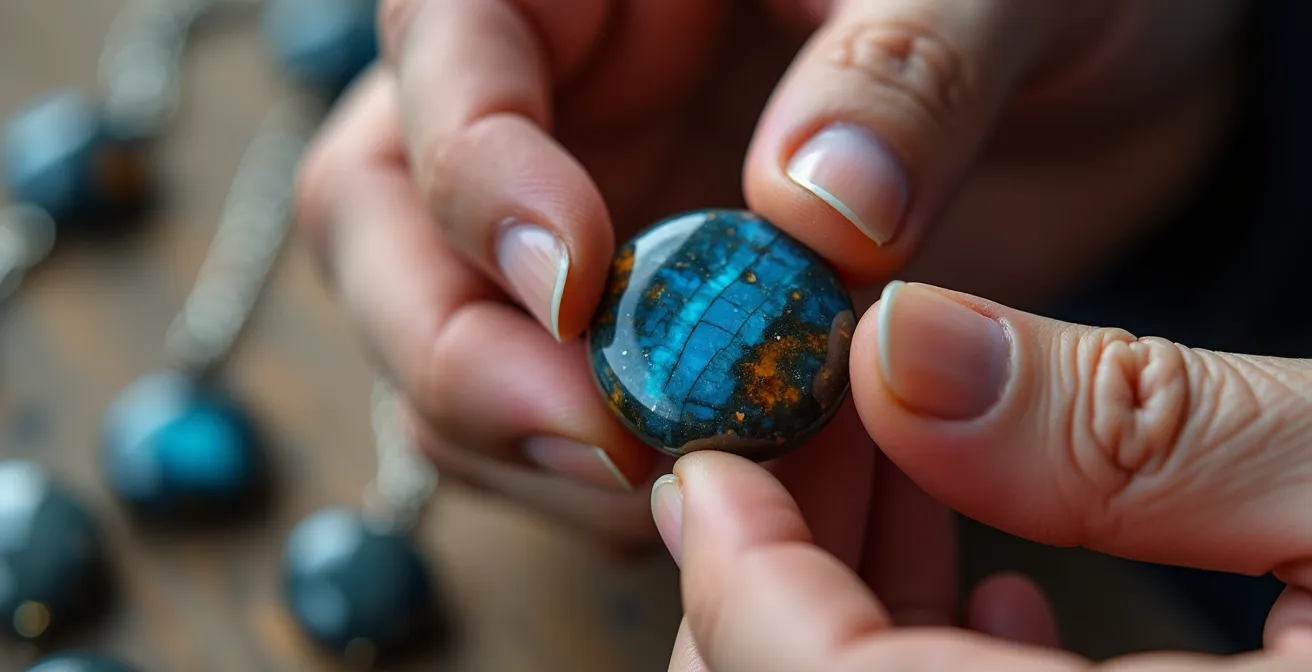 Mains assemblant délicatement des perles d'œil de tigre bleu en gros plan