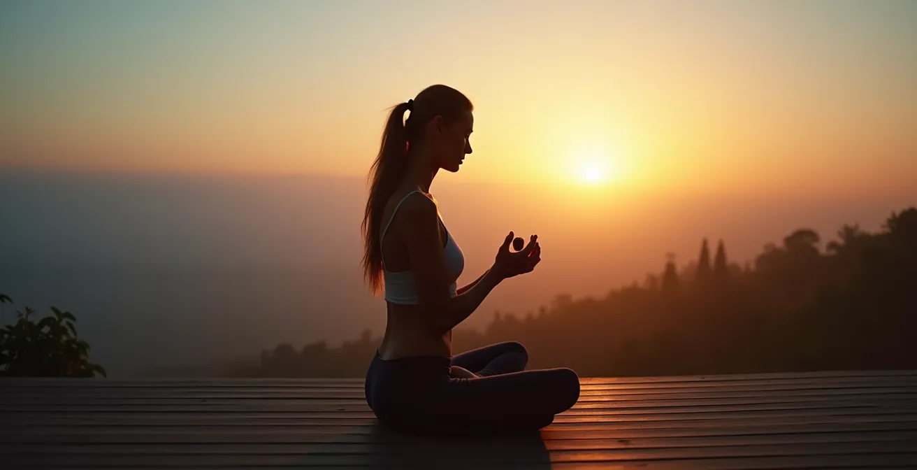Personne méditant au lever du soleil tenant une pierre bleue